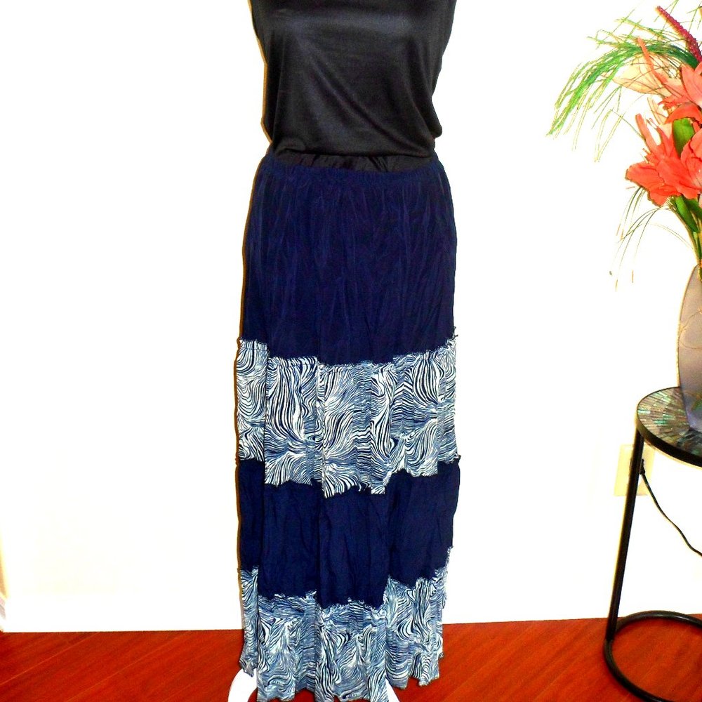 Blue and White Elasticated Tiered Maxi Skirt.
